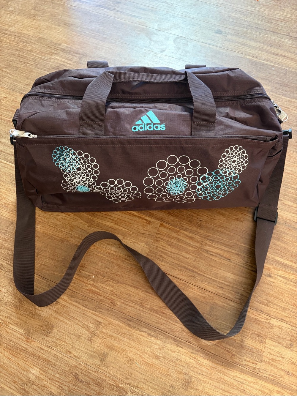 Vintage Y2K Adidas Brown Duffel Bag Teal Circle Pattern Gym Carry On Travel